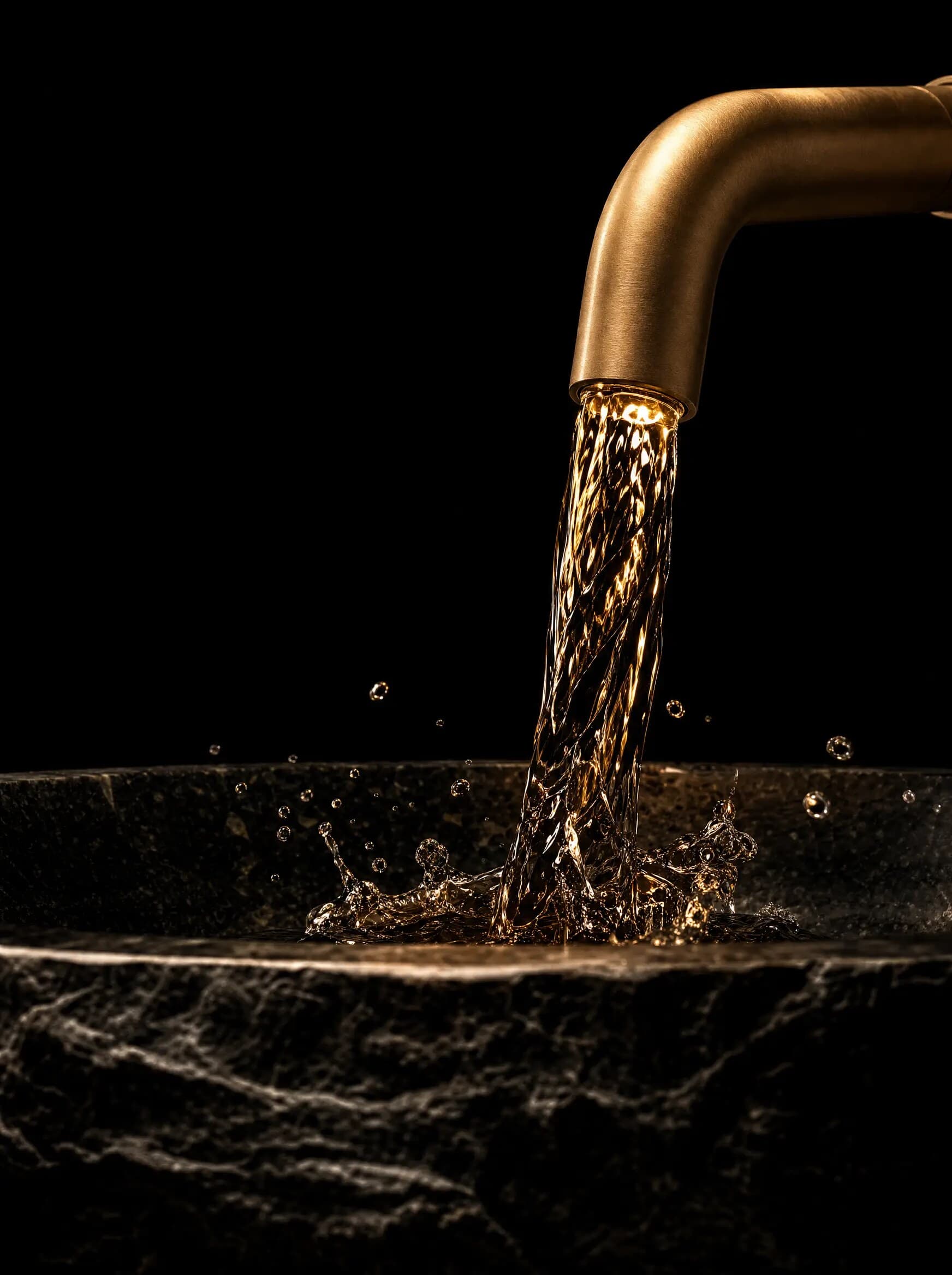 Water pouring from a brass tub filler into a black granite basin