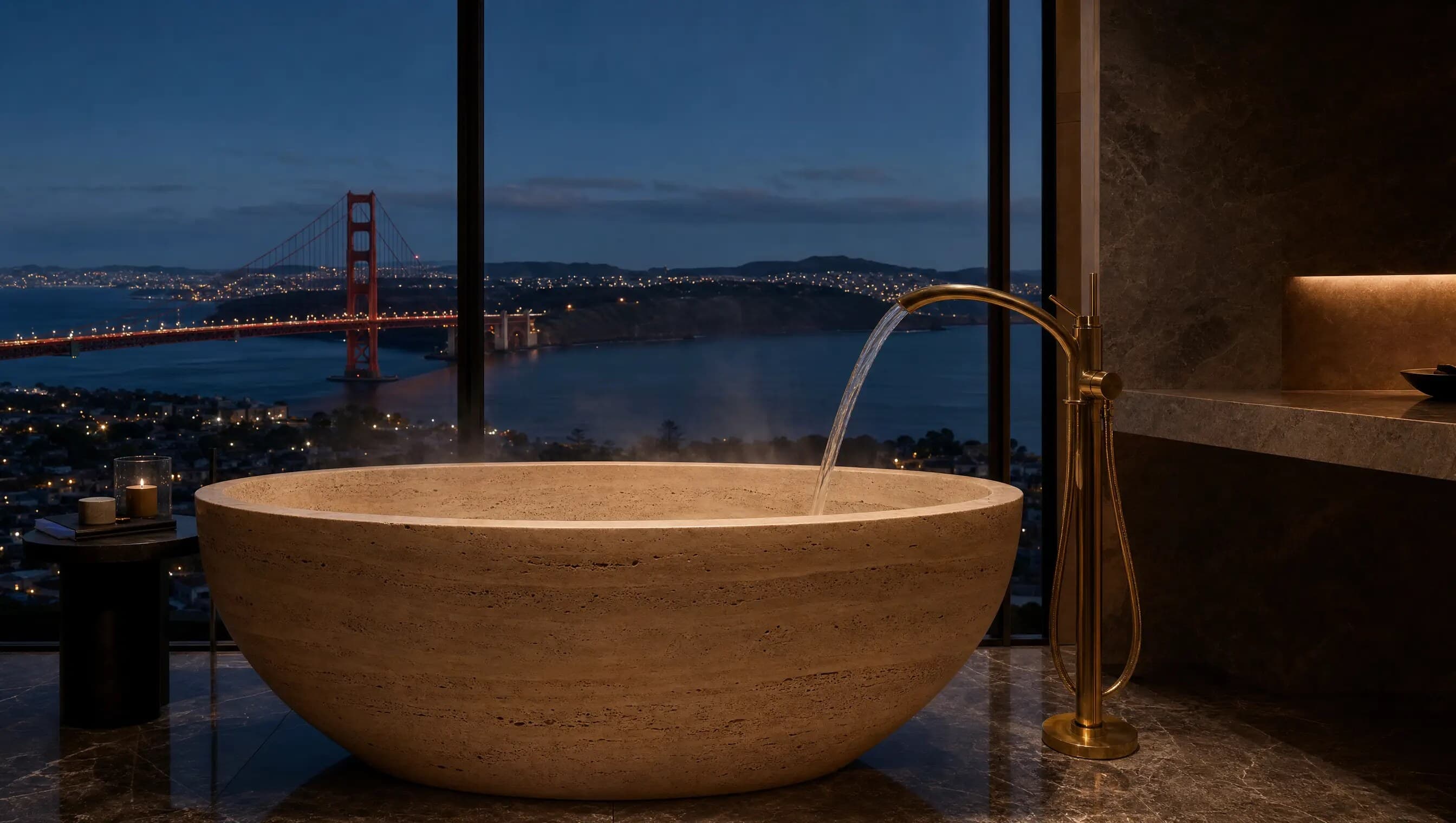 Master bathroom of a Pacific Heights residence at dusk, stone bathtub filling with water before a window over San Francisco Bay