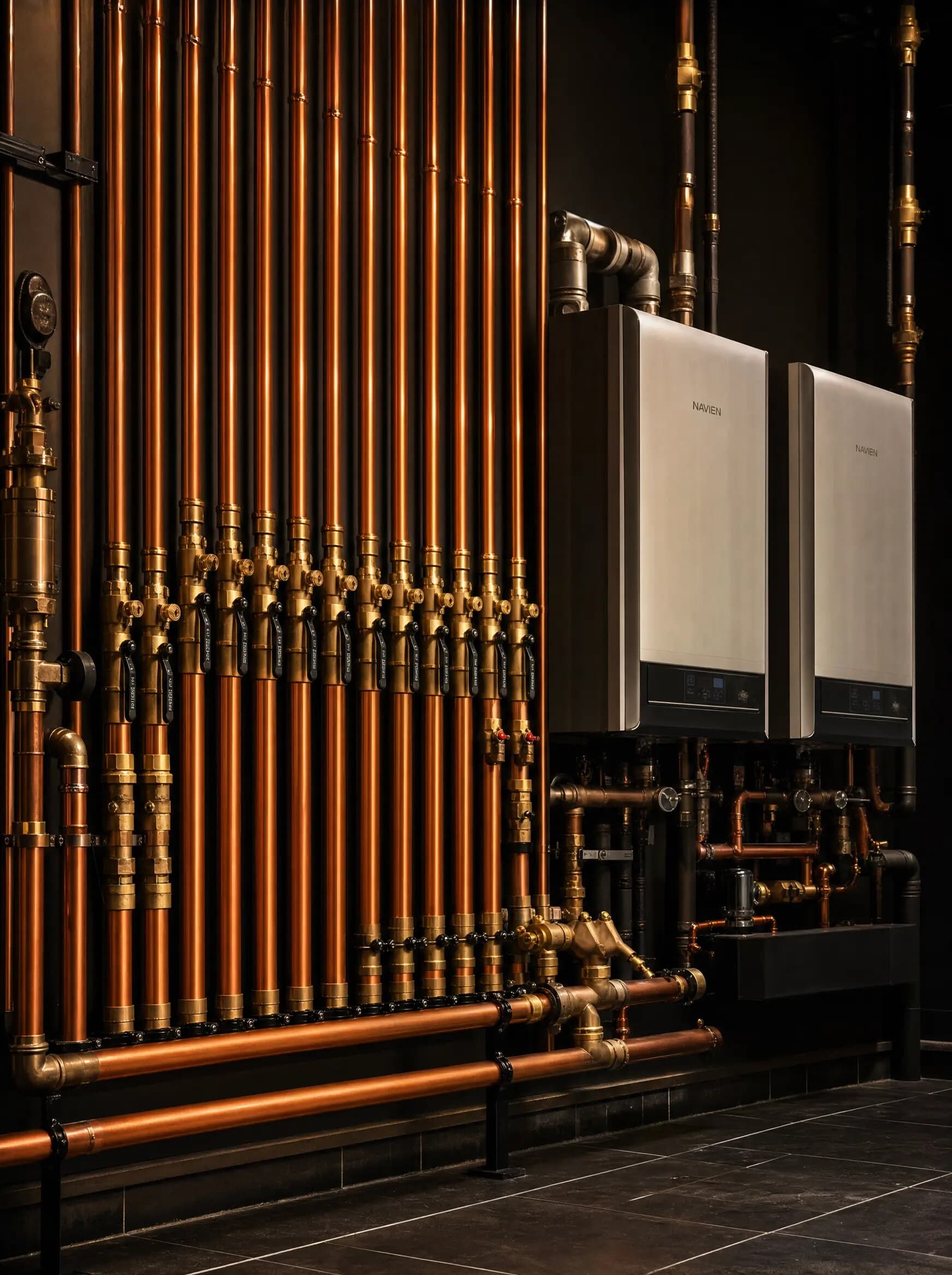 Mechanical room with a polished copper manifold and tankless water heaters