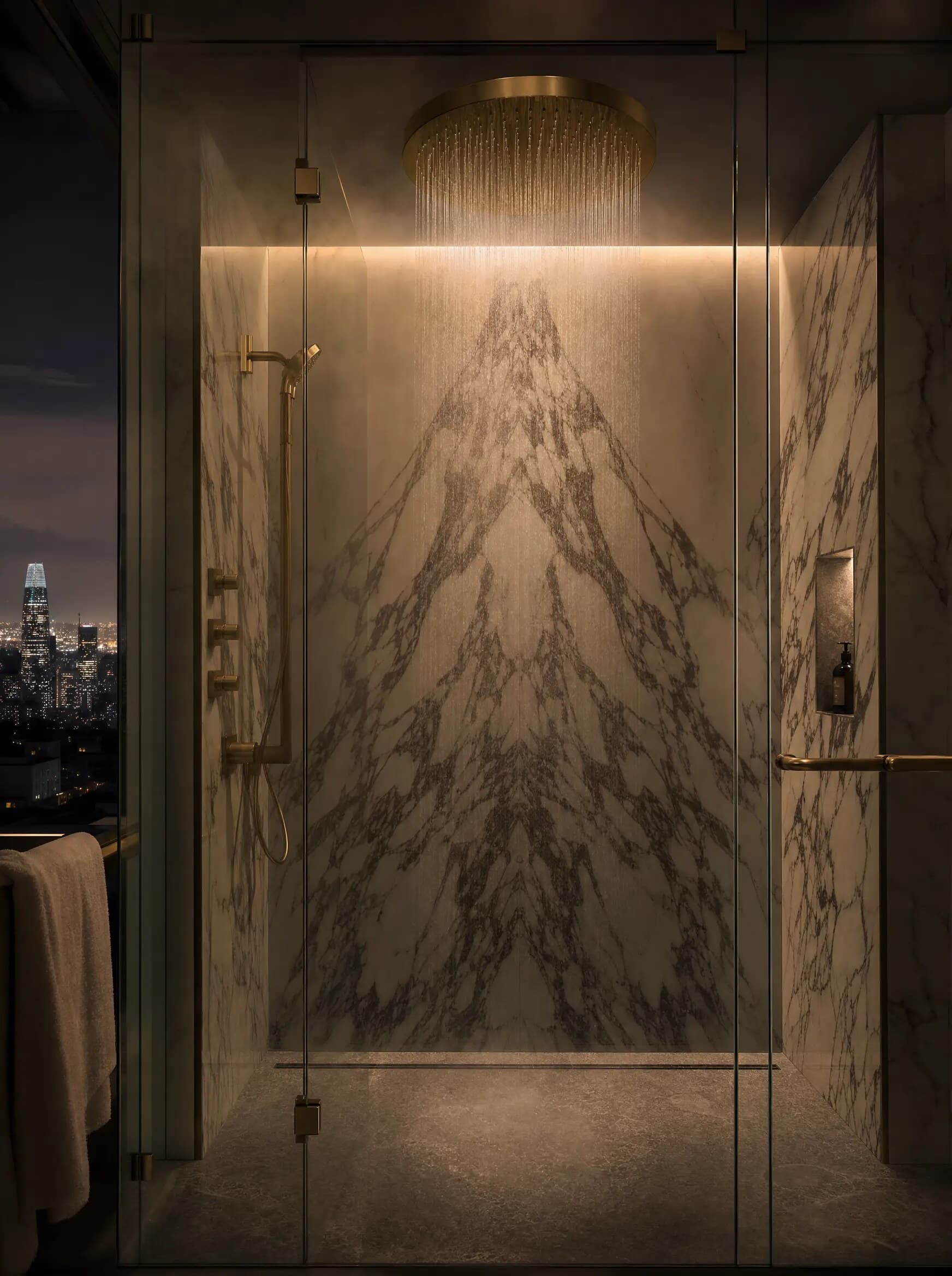 Rain shower with book-matched marble walls and brass fixtures